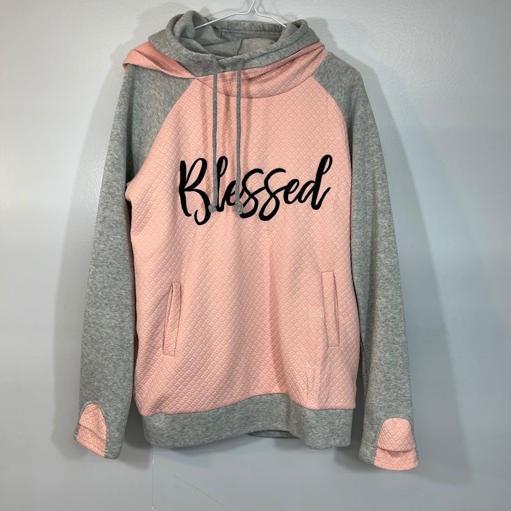 Love in Faith Blessed Quilted double hoodie Pink Thumbhole Pullover Largele